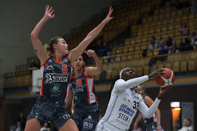 Basketball Women 1 Bundesliga 5 Matchday Herner TC TSV 1880 Wasserburg on 16 10 2021 at the Sportpark Wanne Eickel in Herne Halieght Reinoehl Wasserburg , left Nicole Enabosi Herne i, right xRx