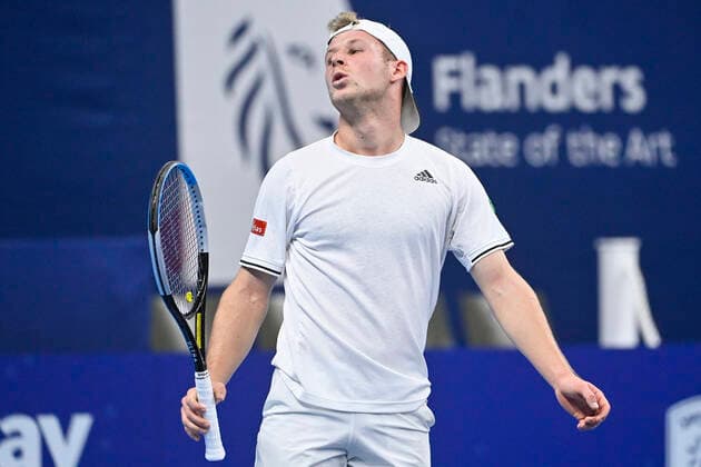 Belgian Gauthier Onclin looks dejected during a match between Italian Seppi and Belgian Onclin, in the qualifications for the European Open Tennis ATP, Tennis Herren tournament, in Antwerp, Sunday 17 October 2021. LAURIExDIEFFEMBACQ  x3114546x