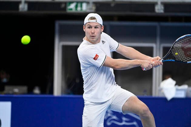 Belgian Gauthier Onclin pictured in action during a match between Italian Seppi and Belgian Onclin, in the qualifications for the European Open Tennis ATP, Tennis Herren tournament, in Antwerp, Sunday 17 October 2021. LAURIExDIEFFEMBACQ  x3114568x