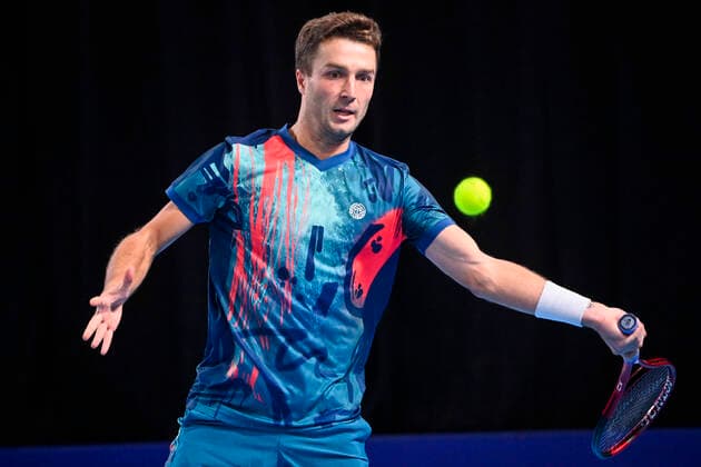Great Britain Liam Broady pictured in action during a match between Spanish Carballes Baena and Great Britain s Broady, in the qualifications for the European Open Tennis ATP, Tennis Herren tournament, in Antwerp, Sunday 17 October 2021. LAURIExDIEFFEMBACQ  x3114733x