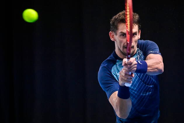 Sport Bilder des Tages Swiss Henri Laaksonen pictured in action during a match between German Hanfmann and Swiss Laaksonen, in the qualifications for the European Open Tennis ATP, Tennis Herren tournament, in Antwerp, Sunday 17 October 2021. LAURIExDIEFFEMBACQ  x3114983x