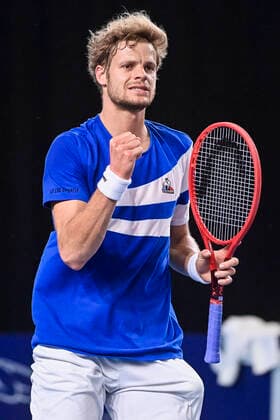German Yannick Hanfmann celebrates during a match between German Hanfmann and Swiss Laaksonen, in the qualifications for the European Open Tennis ATP, Tennis Herren tournament, in Antwerp, Sunday 17 October 2021. LAURIExDIEFFEMBACQ  x3114988x