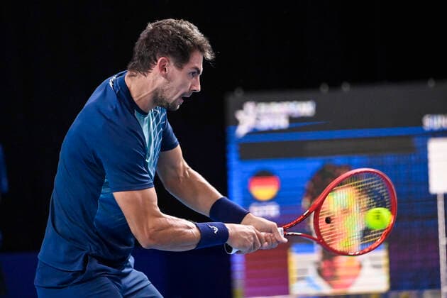 Swiss Henri Laaksonen pictured in action during a match between German Hanfmann and Swiss Laaksonen, in the qualifications for the European Open Tennis ATP, Tennis Herren tournament, in Antwerp, Sunday 17 October 2021. LAURIExDIEFFEMBACQ  x3114995x