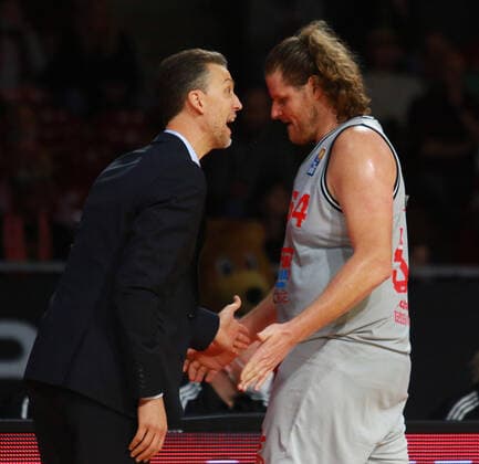 Coach Pete Strobl and 54 John Bryant Giessen Basketball BBL FC Bayern Munich vs Giessen 46ers, at the Audi Dome on 17 10 2021 PHOTO Mladen Lackovic LakoPress