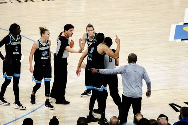 South Loop Chicago Sky players argue with the refaree to review a play during the game on October 17, 2021 at Wintrust Arena Shaina Benhiyoun SPP Women?s National Basketball Association Finals Game 4 - Chicago Sky vs Phoenix Mercury - Wintrust Arena 