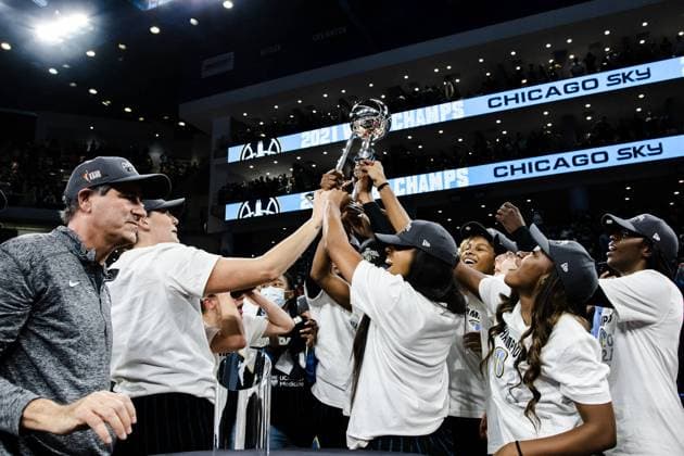 South Loop Chicago Sky players lift the trophy on October 17, 2021 at Wintrust Arena Shaina Benhiyoun SPP Women?s National Basketball Association Finals Game 4 - Chicago Sky vs Phoenix Mercury - Wintrust Arena 