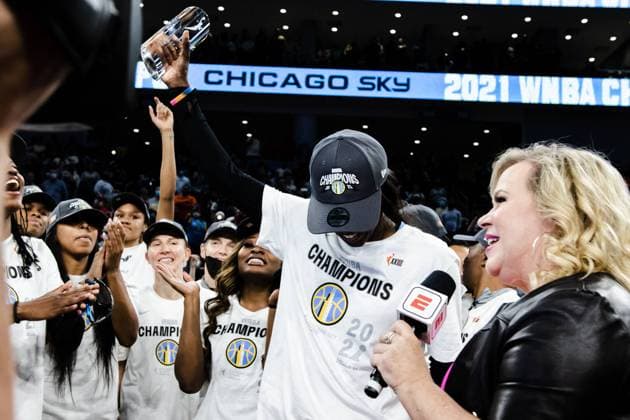 South Loop Kahleah Copper 2, Chicago Sky recieves Finals MVP trophy on October 17, 2021 at Wintrust Arena Shaina Benhiyoun SPP Women?s National Basketball Association Finals Game 4 - Chicago Sky vs Phoenix Mercury - Wintrust Arena 