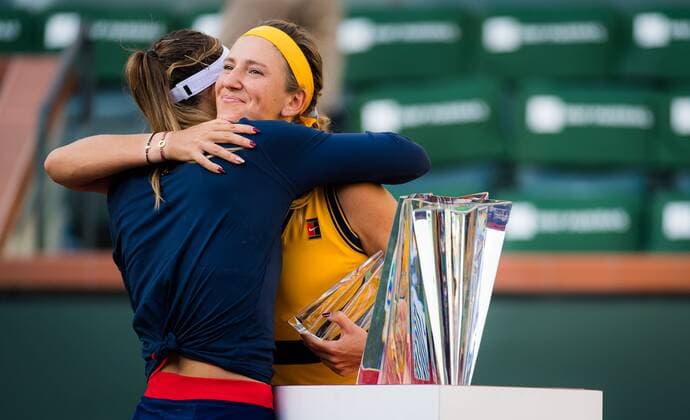 Mandatory Credit: Photo by Rob Prange Shutterstock (12524643ai) Paula Badosa of Spain & Victoria Azarenka of Belarus with their trophies after the final of the 2021 BNP Paribas Open WTA, Tennis Damen 1000 tennis tournament BNP Paribas Open, Tennis, Day 12, Indian Wells Tennis Garden, California, USA - 17 Oct 2021 BNP Paribas Open, Tennis, Day 12, Indian Wells Tennis Garden, California, USA - 17 Oct 2021 Copyright: xRobxPrange Shutterstockx 12524643ai