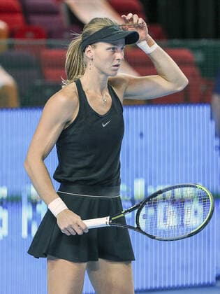 MOSCOW, RUSSIA - OCTOBER 18, 2021: Russia s Lyudmila Samsonova looks on during her VTB Kremlin Cup 2021 tennis match against Australia s Ajla Tomljanovic at the Krylatskoye Ice Palace. Mikhail Tereshchenko TASS  TS114846