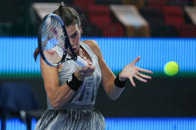MOSCOW, RUSSIA - OCTOBER 18, 2021: Australia s Ajla Tomljanovic struggles in her VTB Kremlin Cup 2021 tennis match against Russia s Lyudmila Samsonova at the Krylatskoye Ice Palace. Mikhail Tereshchenko TASS  TS114867