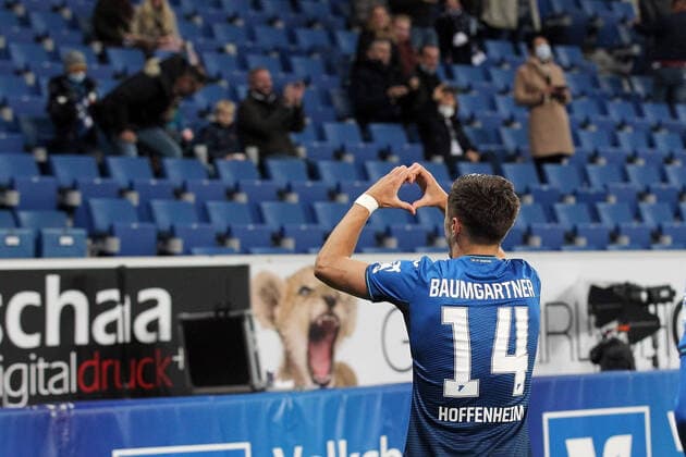 Goal celebrations 3 0 Hoffenheim, scorer Christoph Baumgartner Hoffenh Sport Fussball LIGA season 21 22 TSG 1899 Hoffenheim 1 FC Köln , 8 matchday, 25 09 2021