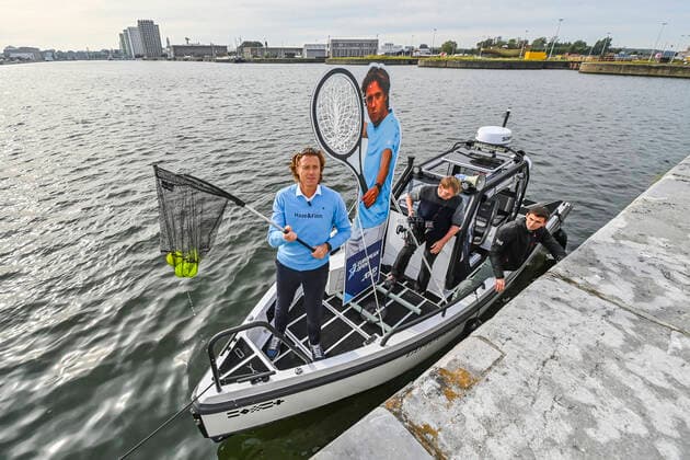 European Open Director Dick Norman pictured on a boat during a surprising stunt of the tennis players at the kick-off of the European Open Tennis ATP, Tennis Herren tournament, at the Havenhuis, in Antwerp, Monday 18 October 2021. DIRKxWAEM  x3116070x
