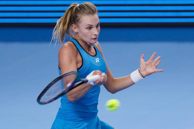 VTB Kremlin Cup 2021 International Tennis Tournament Dayana Yastremska of Ukraine returns the ball to Anna Kalinskaya of Russia during the women s singles Round of 32 tennis match of the WTA, Tennis Damen 500 VTB Kremlin Cup 2021 International Tennis Tournament at the Irina Viner-Usmanova Gymnastics Palace on October 18, 2021 in Moscow, Russia. Moscow Russia kireev-notitle211018_np1u8  Copyright: xMikexKireevx