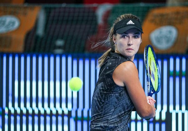 MOSCOW, RUSSIA - OCTOBER 18, 2021: Russia s Anna Kalinskaya struggles in her VTB Kremlin Cup 2021 tennis match against Ukraine s Dayana Yastremska at the Luzhniki Palace of Sports. Mikhail Tereshchenko TASS  TS11494B