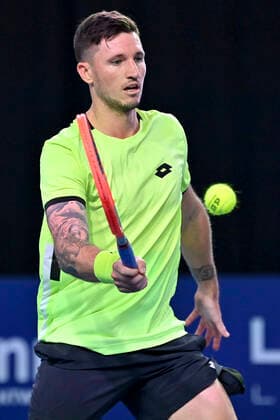 Austrian Dennis Novak pictured in action during a match between Italian Seppi and Austrian Novak, in the first round of the European Open Tennis ATP, Tennis Herren tournament, in Antwerp, Monday 18 October 2021. DIRKxWAEM  x3116206x
