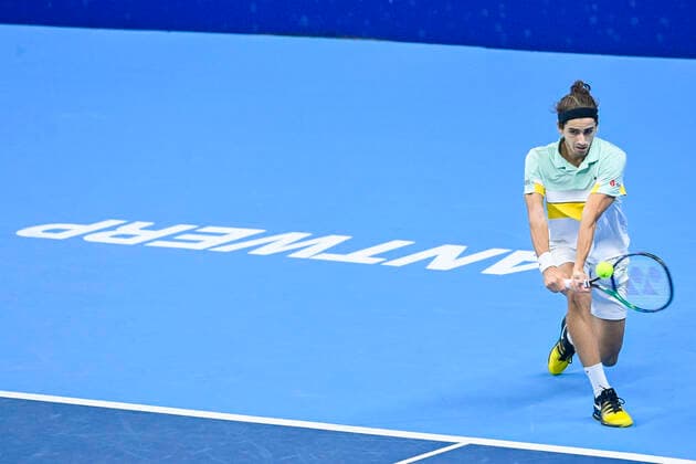 French Pierre-Hugues Herbert pictured in action during a match between US Nakashima and French Herbert, in the first round of the European Open Tennis ATP, Tennis Herren tournament, in Antwerp, Monday 18 October 2021. LAURIExDIEFFEMBACQ  x3116228x