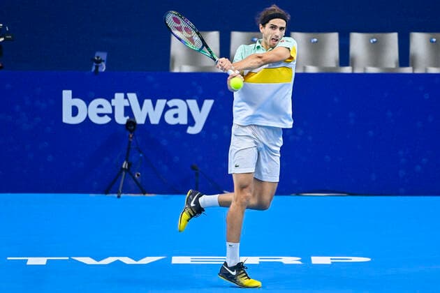 French Pierre-Hugues Herbert pictured in action during a match between US Nakashima and French Herbert, in the first round of the European Open Tennis ATP, Tennis Herren tournament, in Antwerp, Monday 18 October 2021. LAURIExDIEFFEMBACQ  x3116238x