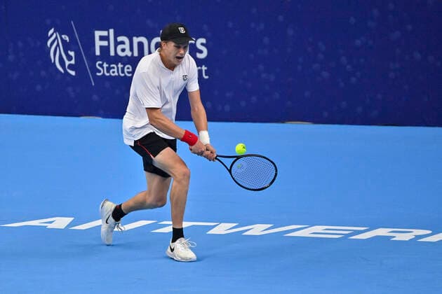 US Jenson Brooksby pictured during a match between US Brooksby and Slovakian Gombos, in the first round of the European Open Tennis ATP, Tennis Herren tournament, in Antwerp, Monday 18 October 2021. DIRKxWAEM  x3116269x