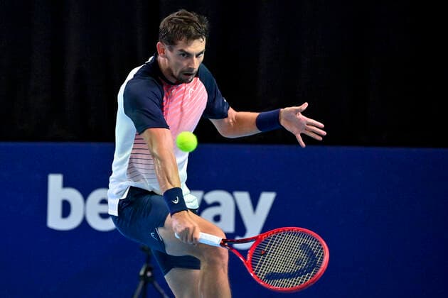 Swiss Henri Laaksonen pictured during a match between Spanish Carballes Baena and Swiss Laaksonen, in the first round of the European Open Tennis ATP, Tennis Herren tournament, in Antwerp, Monday 18 October 2021. DIRKxWAEM  x3116295x