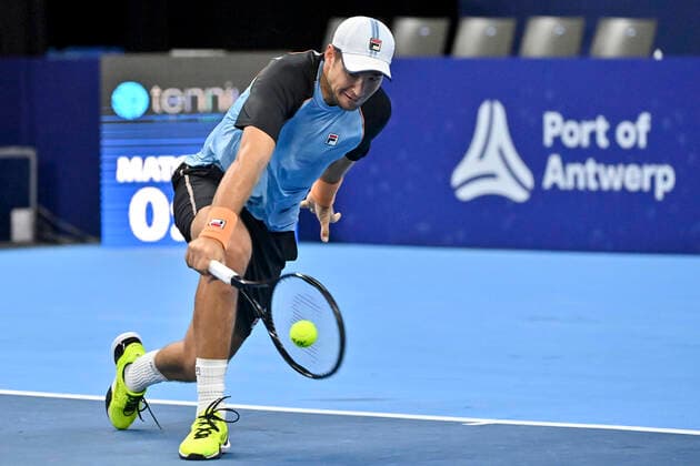 Serbian Dusan Lajovic pictured during a match between French Gasquet and Serbian Lajovic, in the first round of the European Open Tennis ATP, Tennis Herren tournament, in Antwerp, Monday 18 October 2021. DIRKxWAEM  x3116564x