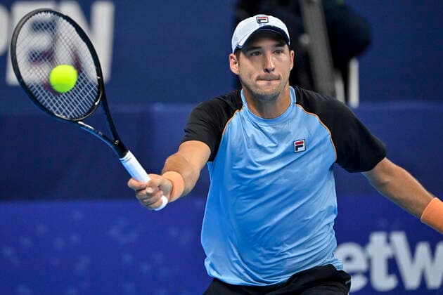 Serbian Dusan Lajovic pictured during a match between Argentina s Delbonis and French Rinderknech, in the first round of the European Open Tennis ATP, Tennis Herren tournament, in Antwerp, Monday 18 October 2021. DIRKxWAEM  x3116596x