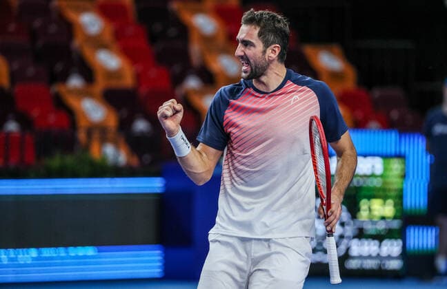 MOSCOW, RUSSIA - OCTOBER 18, 2021: Croatiaâ€™s Marin Cilic in his menâ€™s singles Round of 32 tennis match against Bosnia and Herzegovina s Damir Dzumhur at the VTB Kremlin Cup 2021 at the Luzhniki Palace of Sports. Mikhail Tereshchenko TASS  TS1149EE