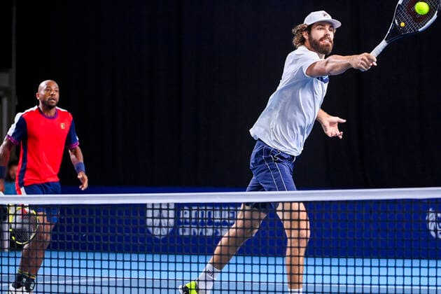 American Nicholas Monroe and US Reilly Opelka pictured in action during a match between Italian-French pair Musetti-Paire and US pair Monroe-Opelka, in the first round of the European Open Tennis ATP, Tennis Herren tournament, in Antwerp, Monday 18 October 2021. LAURIExDIEFFEMBACQ  x3116693x