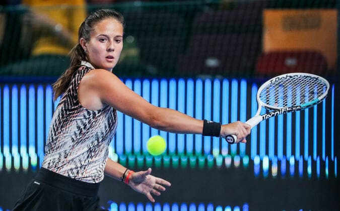 MOSCOW, RUSSIA - OCTOBER 18, 2021: Russia s Daria Kasatkina in action in her womenâ€™s singles Round of 32 tennis match against Ukraineâ€™s Anhelina Kalinina at the VTB Kremlin Cup 2021 at the Luzhniki Palace of Sports. Mikhail Tereshchenko TASS  TS114A2C