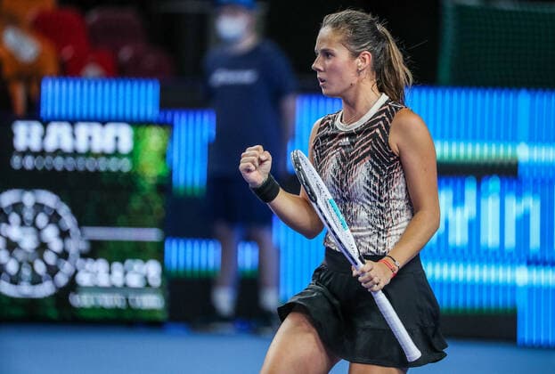 MOSCOW, RUSSIA - OCTOBER 18, 2021: Russia s Daria Kasatkina in her womenâ€™s singles Round of 32 tennis match against Ukraineâ€™s Anhelina Kalinina at the VTB Kremlin Cup 2021 at the Luzhniki Palace of Sports. Mikhail Tereshchenko TASS  TS114A39