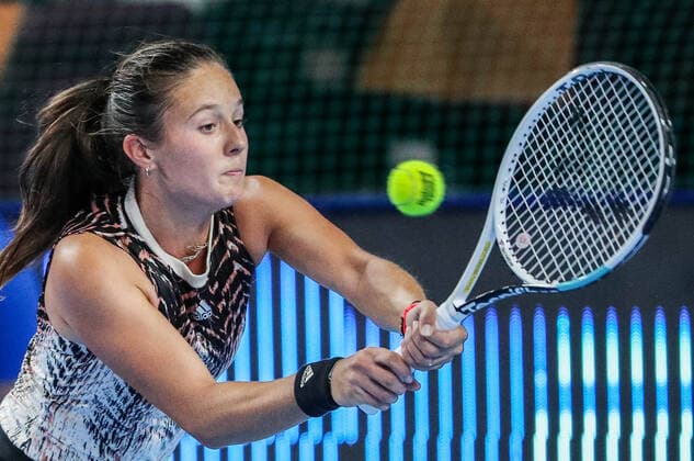 MOSCOW, RUSSIA - OCTOBER 18, 2021: Russia s Daria Kasatkina in action in her womenâ€™s singles Round of 32 tennis match against Ukraineâ€™s Anhelina Kalinina at the VTB Kremlin Cup 2021 at the Luzhniki Palace of Sports. Mikhail Tereshchenko TASS  TS114A3B