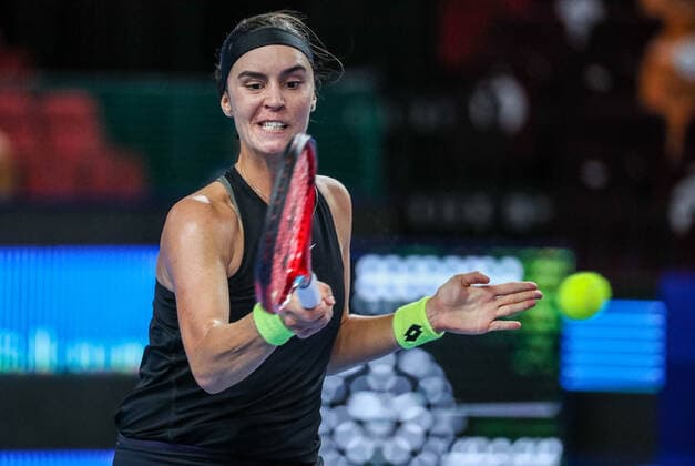 MOSCOW, RUSSIA - OCTOBER 18, 2021: Ukraineâ€™s Anhelina Kalinina in action in her womenâ€™s singles Round of 32 tennis match against Russia s Daria Kasatkina at the VTB Kremlin Cup 2021 at the Luzhniki Palace of Sports. Mikhail Tereshchenko TASS  TS114A3D