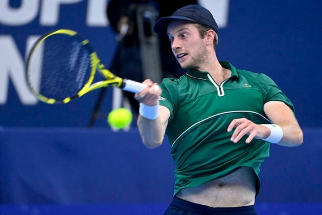 Dutch Botic Van de Zandschulp pictured in action during a match between Australian Popyrin and Dutch Van de Zandschulp, in the first round of the European Open Tennis ATP, Tennis Herren tournament, in Antwerp, Monday 18 October 2021. LAURIExDIEFFEMBACQ  x3116732x