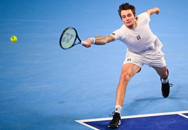 6675353 19.10.2021 Kazakhstan s Alexander Bublik returns a shot during the men s singles first round tennis match against Ukraine s Illya Marchenko at the Kremlin Cup, in Moscow, Russia. Vladimir Astapkovich Sputnik Russia Tennis Kremlin Cup  e86581c72de4d2f