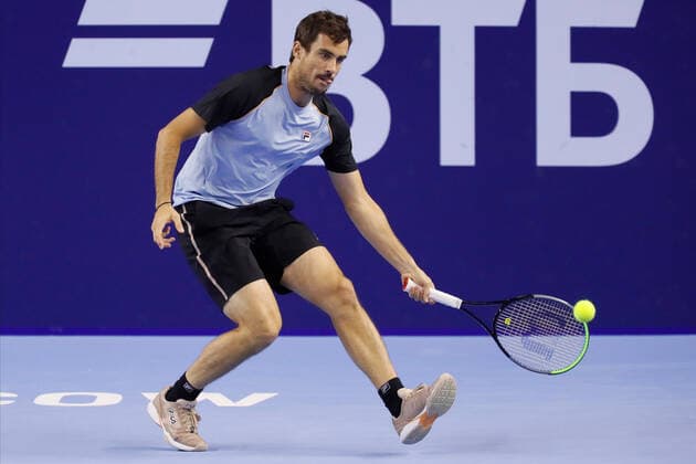 VTB Kremlin Cup 2021 International Tennis Tournament Guido Pella of Argentina returns the ball to Pedro Martinez of Spain during the men s singles Round of 32 tennis match of the ATP, Tennis Herren 250 VTB Kremlin Cup 2021 International Tennis Tournament at the Luzhniki Palace of Sports on October 19, 2021 in Moscow, Russia. Moscow Russia  Copyright: xMikexKireevx kireev-notitle211019_np1t3