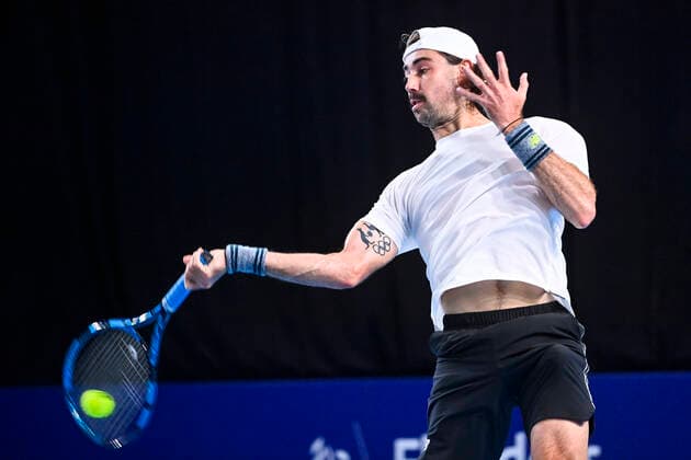 Australian Jordan Thompson pictured in action during a match between Spanish Davidovich Fokina and Australian Thompson, in the first round of the European Open Tennis ATP, Tennis Herren tournament, in Antwerp, Tuesday 19 October 2021. LAURIExDIEFFEMBACQ  x3117068x