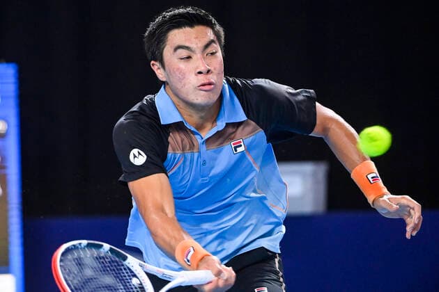 US Brandon Nakashima pictured in action during a match between Australian De Minaur and US Nakashima, in the first round of the European Open Tennis ATP, Tennis Herren tournament, in Antwerp, Tuesday 19 October 2021. LAURIExDIEFFEMBACQ  x3117145x