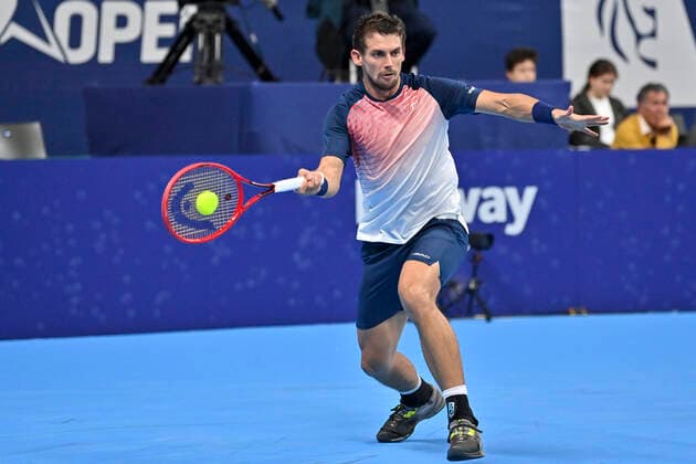 Swiss Henri Laaksonen pictured in action during a match between Swiss Laaksonen and French Paire, in the first round of the European Open Tennis ATP, Tennis Herren tournament, in Antwerp, Tuesday 19 October 2021. DIRKxWAEM  x3117187x