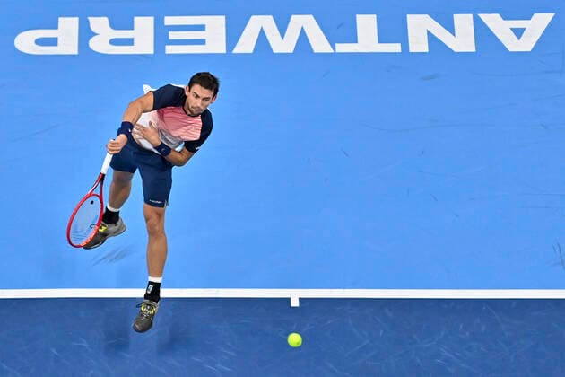 Swiss Henri Laaksonen pictured in action during a match between Swiss Laaksonen and French Paire, in the first round of the European Open Tennis ATP, Tennis Herren tournament, in Antwerp, Tuesday 19 October 2021. DIRKxWAEM  x3117195x