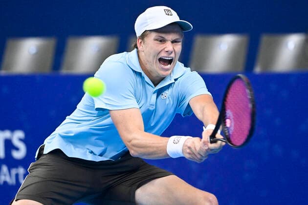 US Jenson Brooksby pictured in action during a tennis match against US Opelka , in the first round of the European Open Tennis ATP, Tennis Herren tournament, in Antwerp, Tuesday 19 October 2021. LAURIExDIEFFEMBACQ  x3117248x