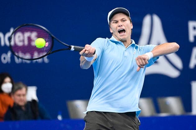 US Jenson Brooksby pictured in action during a tennis match against US Opelka , in the first round of the European Open Tennis ATP, Tennis Herren tournament, in Antwerp, Tuesday 19 October 2021. LAURIExDIEFFEMBACQ  x3117249x