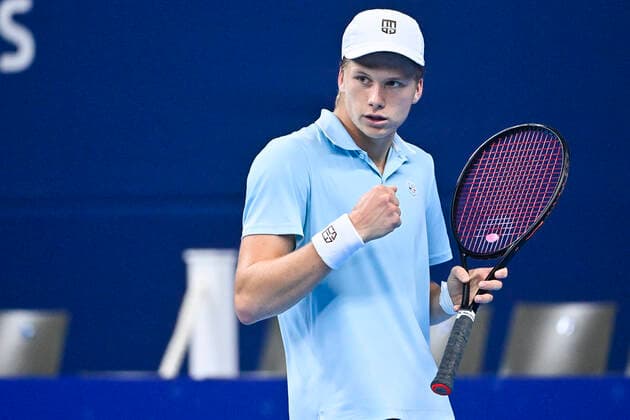 US Jenson Brooksby celebrates during a match between US Opelka and US Brooksby, in the first round of the European Open Tennis ATP, Tennis Herren tournament, in Antwerp, Tuesday 19 October 2021. LAURIExDIEFFEMBACQ  x3117328x