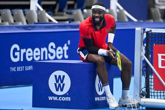 US Frances Tiafoe reacts during a match between US Tiafoe and Britain s Murray, in the first round of the European Open Tennis ATP, Tennis Herren tournament, in Antwerp, Tuesday 19 October 2021. LAURIExDIEFFEMBACQ  x3117465x