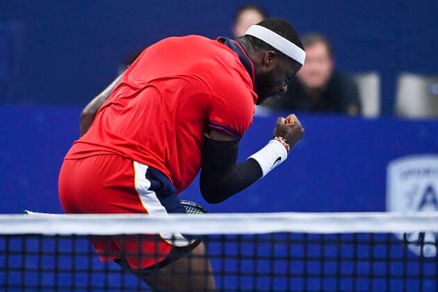 US Frances Tiafoe celebrates during a match between US Tiafoe and Britain s Murray, in the first round of the European Open Tennis ATP, Tennis Herren tournament, in Antwerp, Tuesday 19 October 2021. LAURIExDIEFFEMBACQ  x3117479x