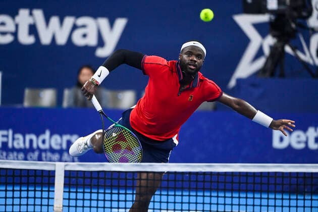 US Frances Tiafoe pictured in action during a match between US Tiafoe and Britain s Murray, in the first round of the European Open Tennis ATP, Tennis Herren tournament, in Antwerp, Tuesday 19 October 2021. LAURIExDIEFFEMBACQ  x3117480x