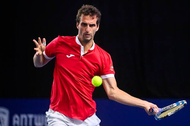 Spanish Albert Ramos-Vinolas pictured in action during a match between German Struff and Spanish Ramos-Vinolas, in the first round of the European Open Tennis ATP, Tennis Herren tournament, in Antwerp, Tuesday 19 October 2021. LAURIExDIEFFEMBACQ  x3117559x