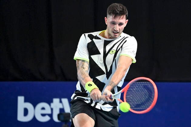 Austrian Dennis Novak pictured during a match between Austrian Novac and Hungarian Fucsovics, in the first round of the European Open Tennis ATP, Tennis Herren tournament, in Antwerp, Tuesday 19 October 2021. DIRKxWAEM  x3117698x