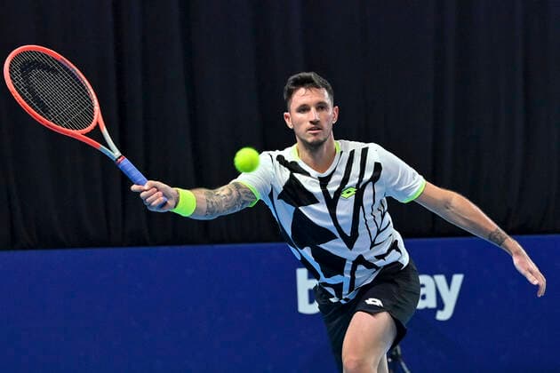 Austrian Dennis Novak pictured during a match between Austrian Novac and Hungarian Fucsovics, in the first round of the European Open Tennis ATP, Tennis Herren tournament, in Antwerp, Tuesday 19 October 2021. DIRKxWAEM  x3117706x