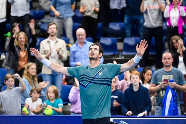 Sport Themen der Woche KW42 Sport Bilder des Tages British Andy Murray celebrates after winning a match between US Tiafoe and Britain s Murray, in the first round of the European Open Tennis ATP, Tennis Herren tournament, in Antwerp, Tuesday 19 October 2021. LAURIExDIEFFEMBACQ  x3117721x
