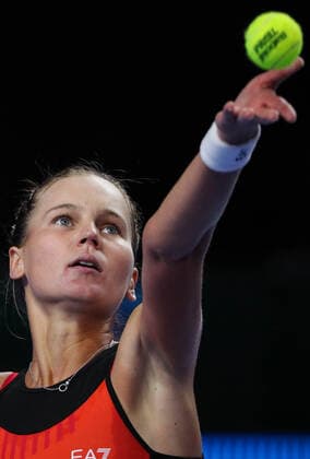MOSCOW, RUSSIA - OCTOBER 19, 2021: Russia s Veronika Kudermetova in action in her singles Round of 32 tennis match against Russia s Oksana Selekhmeteva at the VTB Kremlin Cup 2021 at the Luzhniki Palace of Sports. Mikhail Tereshchenko TASS  TS114CF4