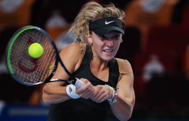 MOSCOW, RUSSIA - OCTOBER 19, 2021: Russia s Oksana Selekhmeteva in action in her singles Round of 32 tennis match against Russia s Veronika Kudermetova at the VTB Kremlin Cup 2021 at the Luzhniki Palace of Sports. Mikhail Tereshchenko TASS  TS114CF9